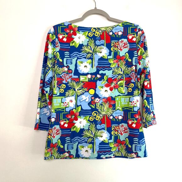 J. McLaughlin Catalina Cloth Tropical Beach 3/4 Sleeve Top Size Medium Stretch - Picture 2 of 7